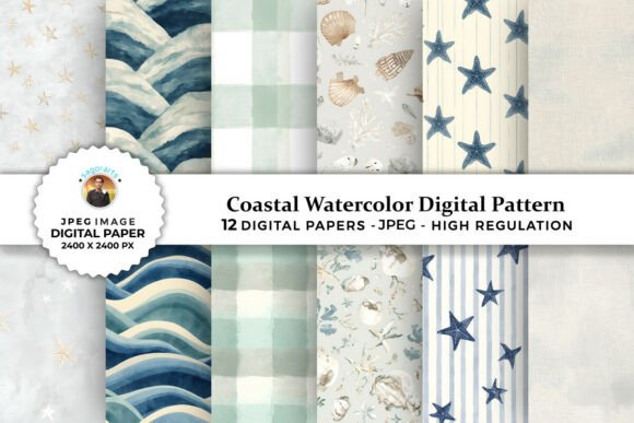 Download Coastal Watercolor Digital Patterns - Digital patterns Collection